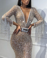 Charming Long Sleeves Mermaid Evening Dress With Sequins Beads and Tassels